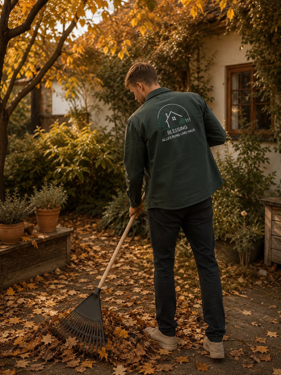 Marvin Blessing bei der Laubentfernung im Herbst